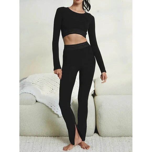 ALO Yoga Pants - Alo Seamless Luxe Terry High-Waist Cuddle Legging Black Hi-Rise Slit Hem Bootcut